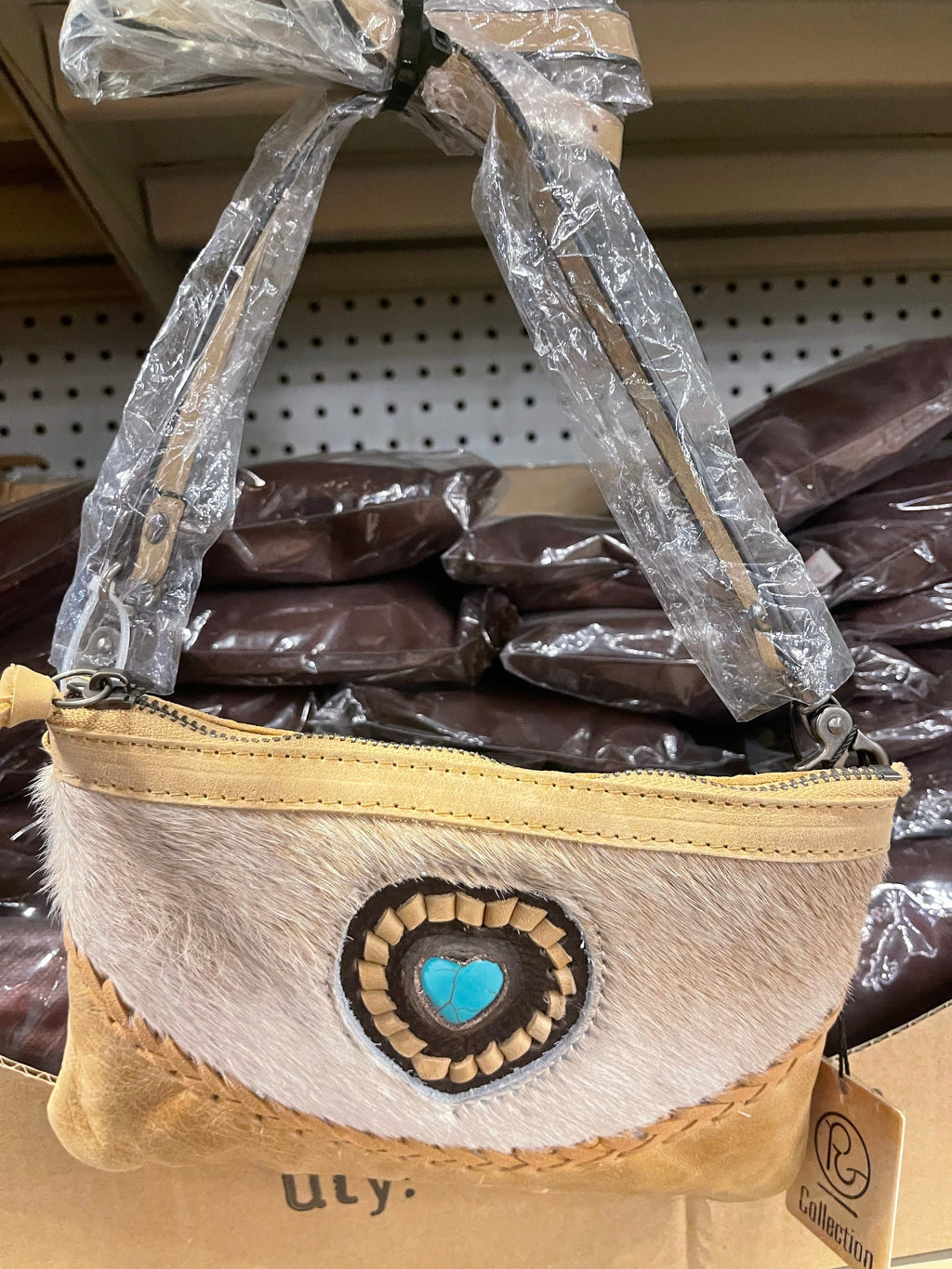Cowhide Turqouise Heart Stone Crossbody