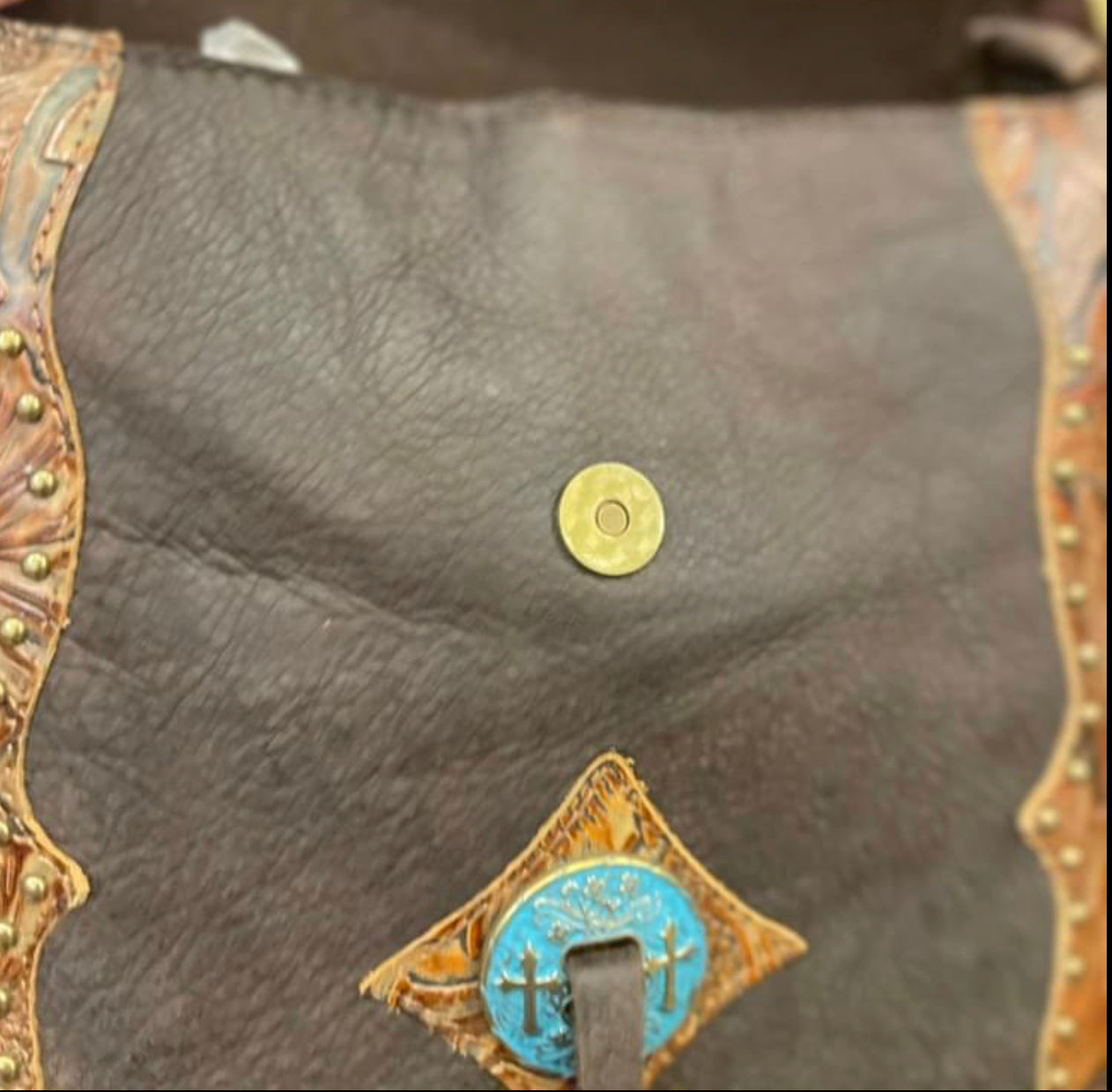 Cowhide Tooled Turquoise Concho Purse