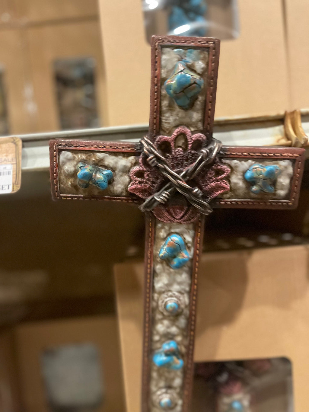 Turquoise Barbed Wire Lotus Cross