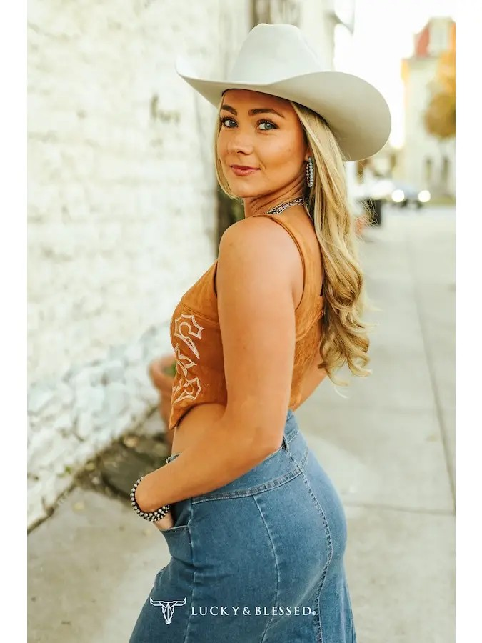 The Camel Suede Stretch Boot Stitch Corset Top