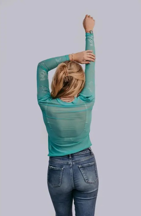 Turquoise Rodeo Rhinestone Mesh Top