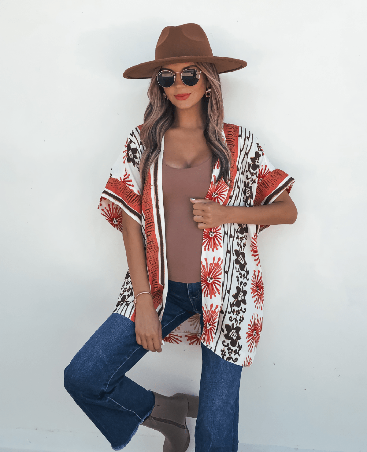 Jolene Multi Red Border Print Kimono Top - DOORBUSTER