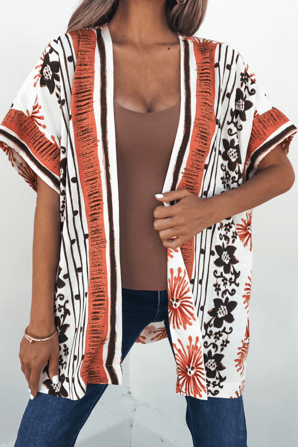 Jolene Multi Red Border Print Kimono Top - DOORBUSTER