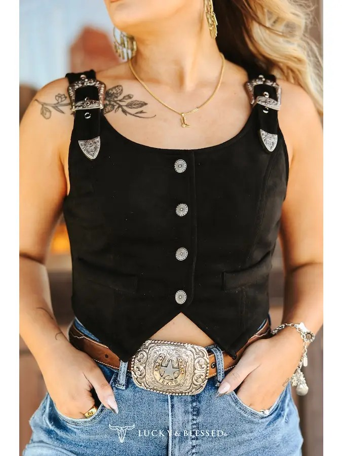 The Nina Black Suede Buckle Strap Button Down Vest