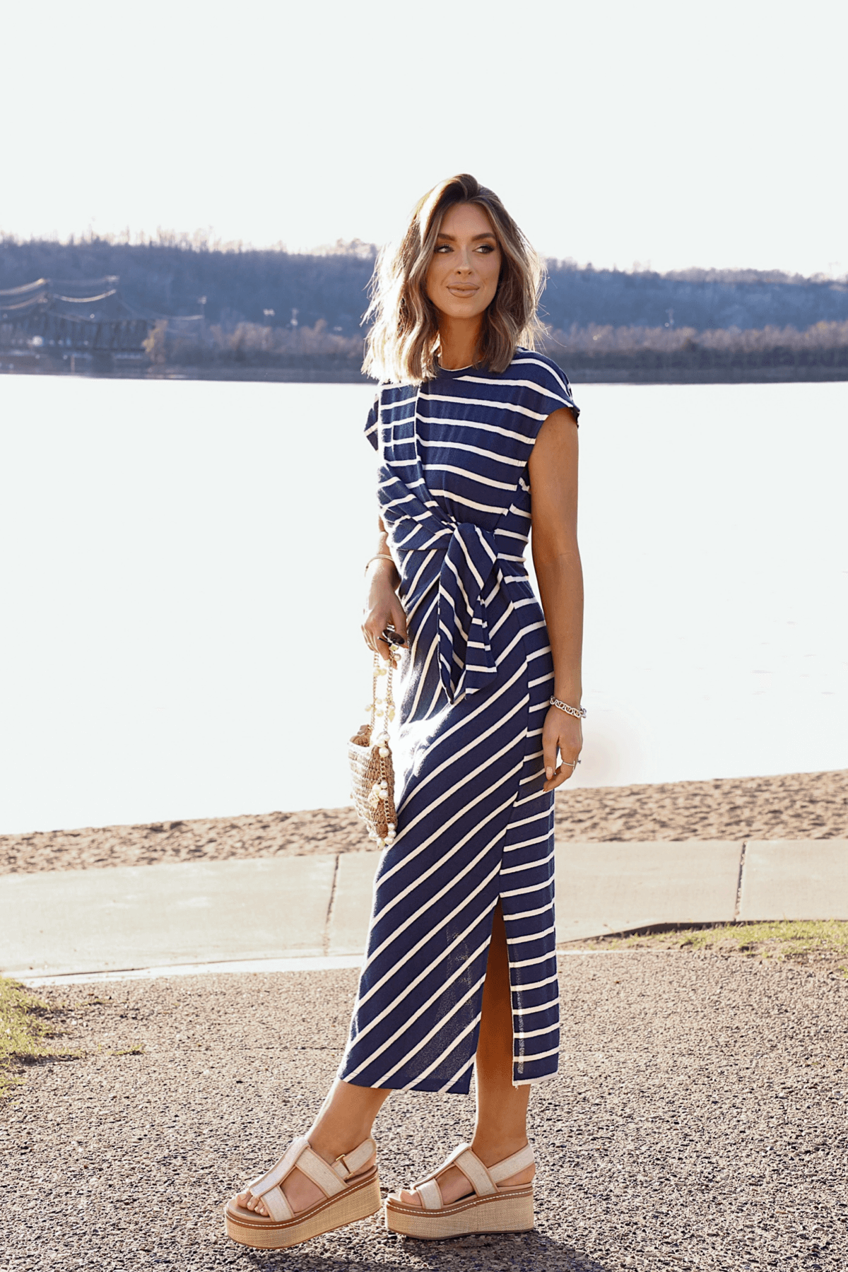 Marina Mornings Navy Striped Midi Tie Dress - DOORBUSTER