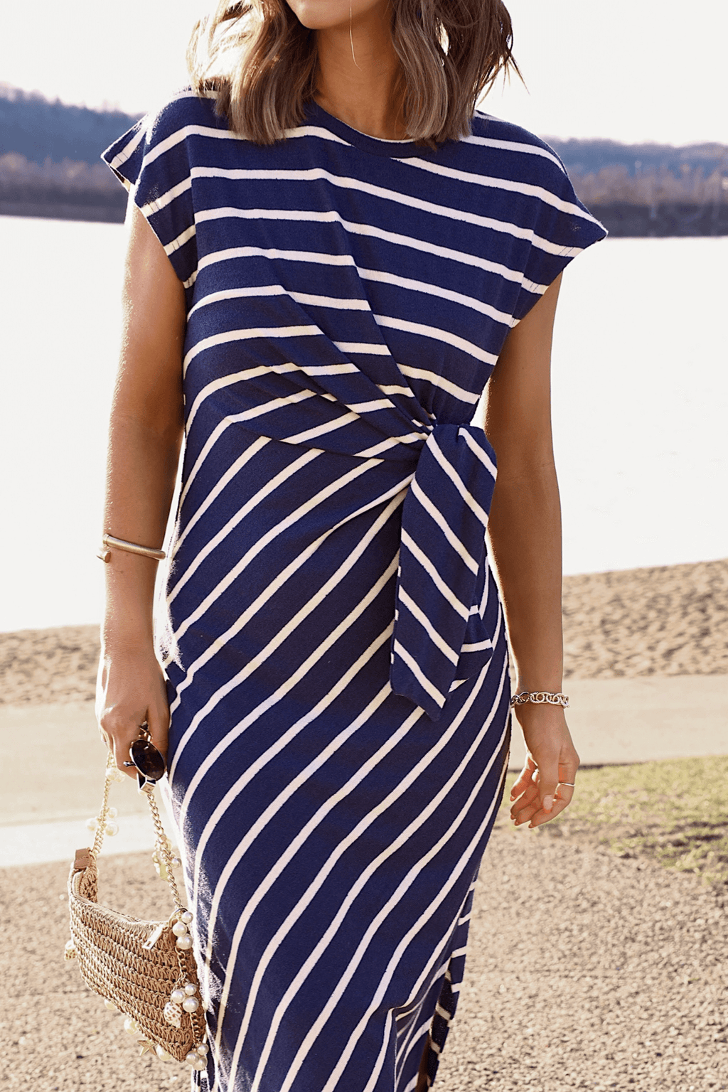 Marina Mornings Navy Striped Midi Tie Dress - DOORBUSTER