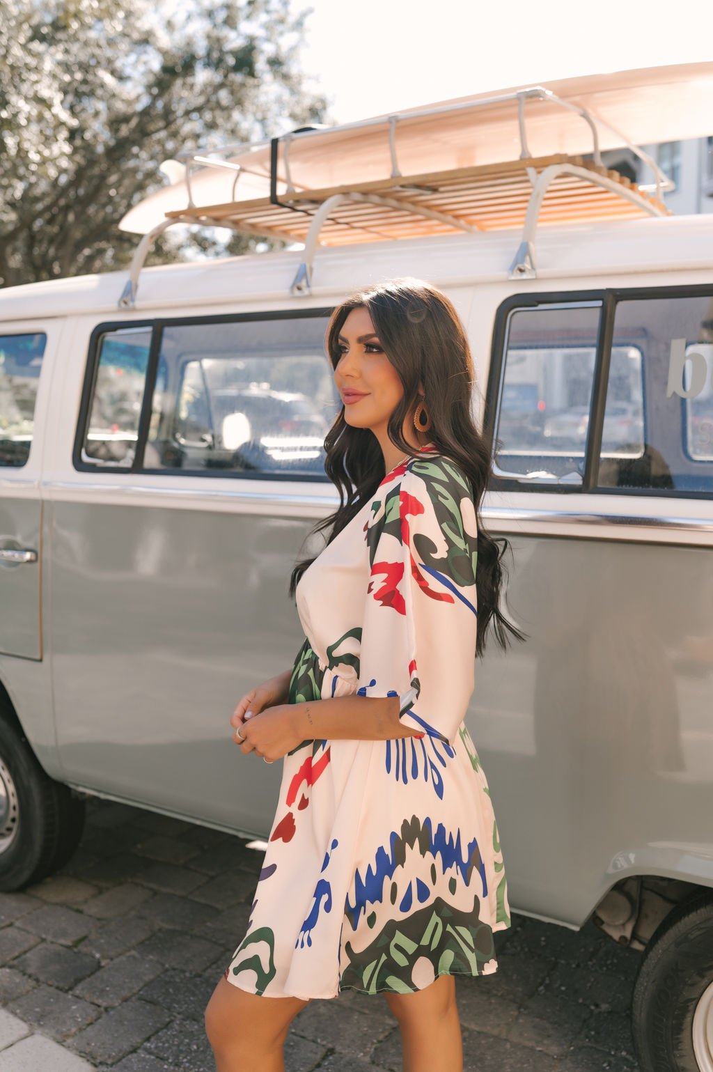 Natural Print V Neck Mini Dress - DOORBUSTER