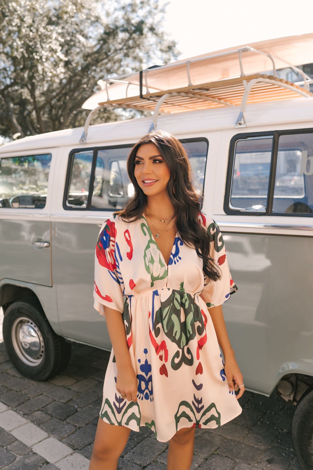 Natural Print V Neck Mini Dress - DOORBUSTER