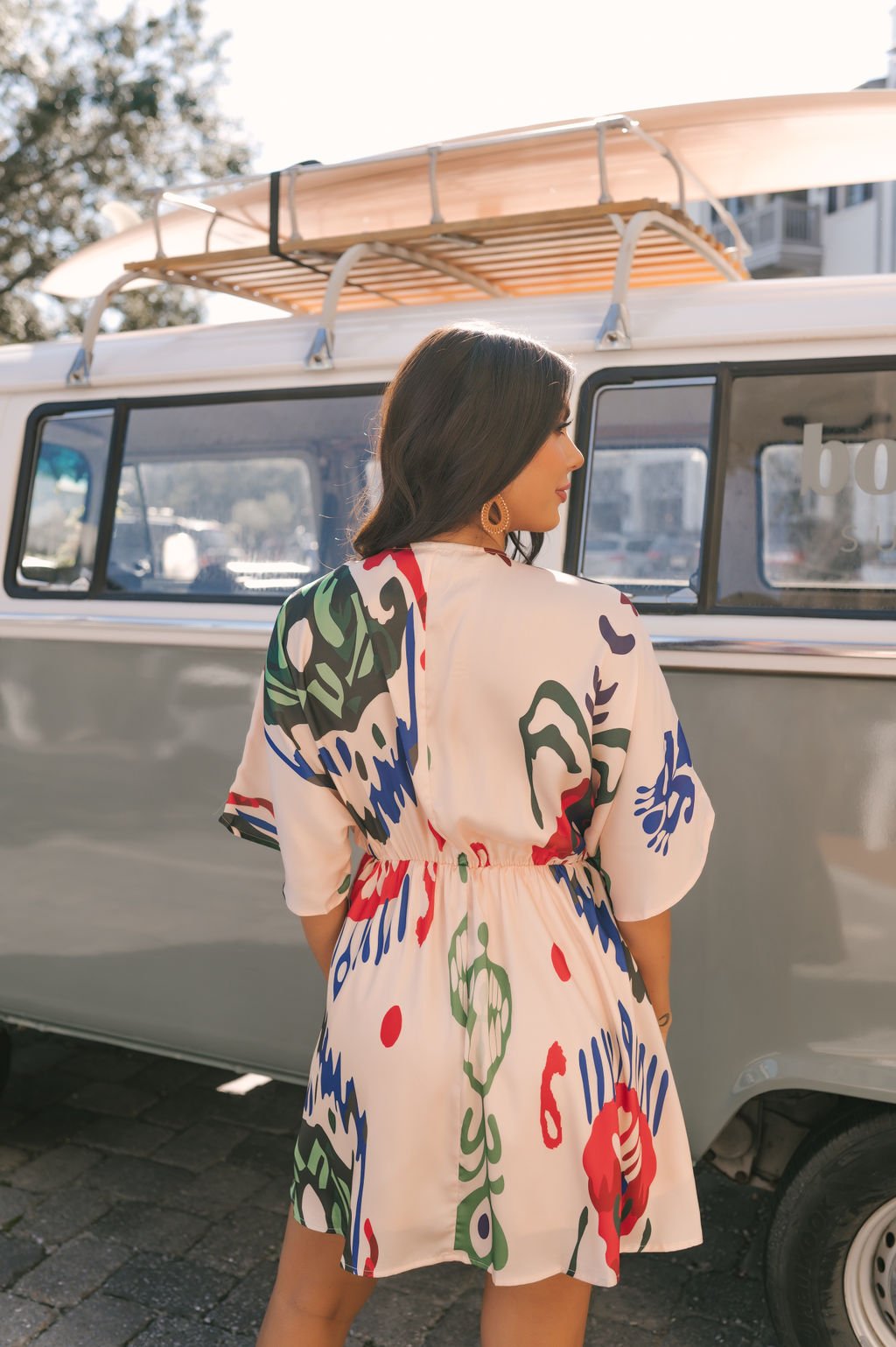 Natural Print V Neck Mini Dress - DOORBUSTER