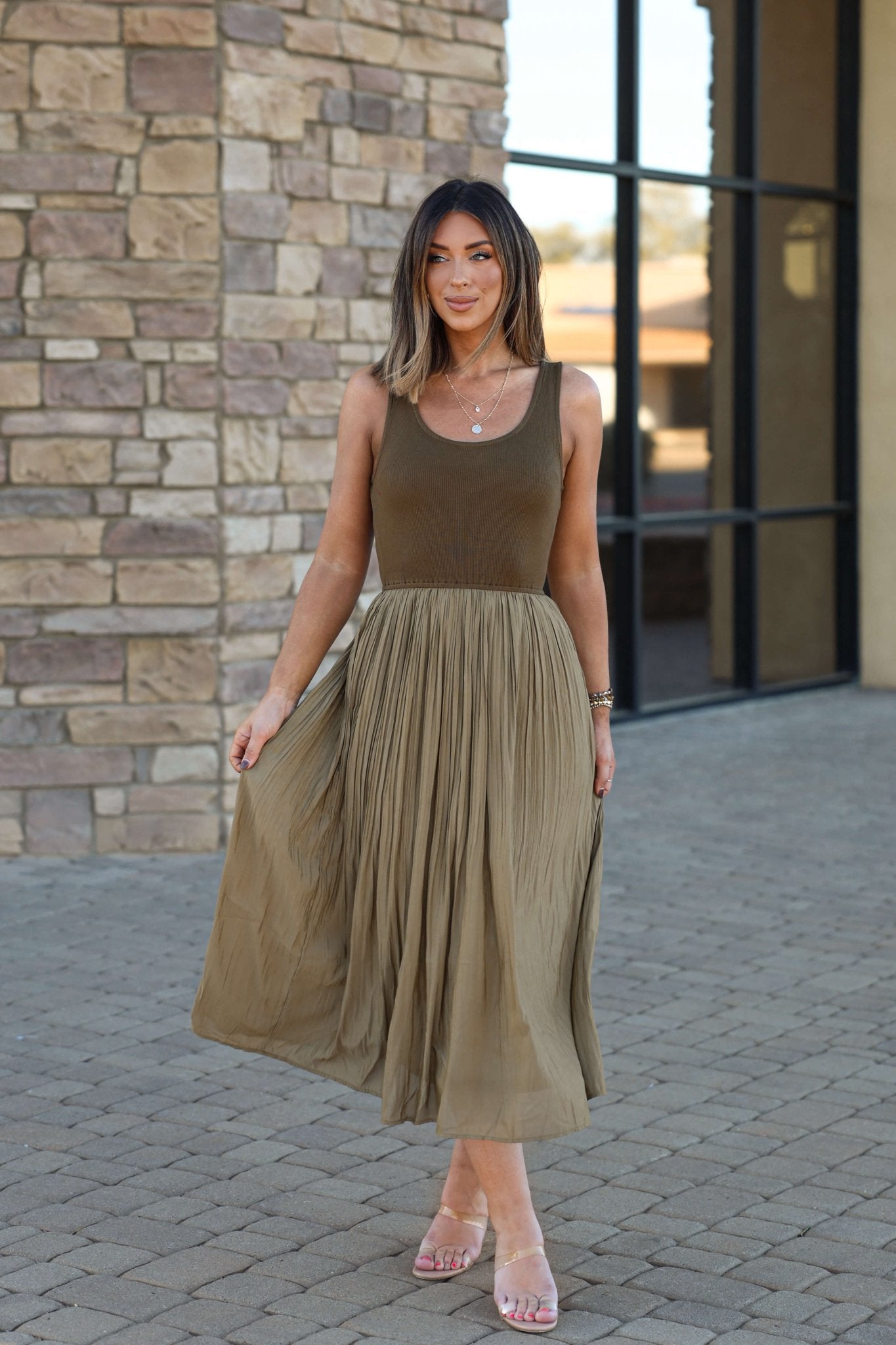 Olive Scoop Neck Pleated Tank Midi Dress - DOORBUSTER