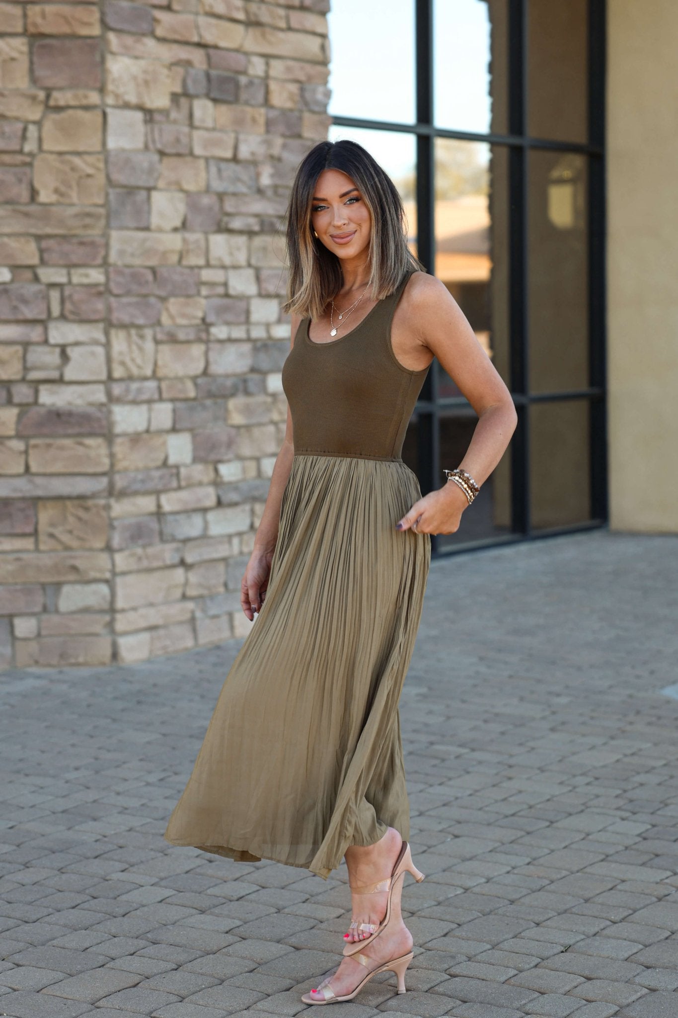 Olive Scoop Neck Pleated Tank Midi Dress - DOORBUSTER