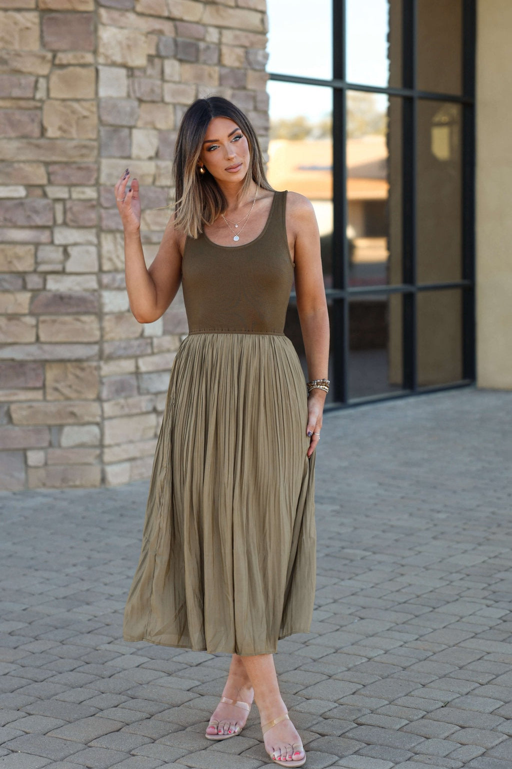 Olive Scoop Neck Pleated Tank Midi Dress - DOORBUSTER