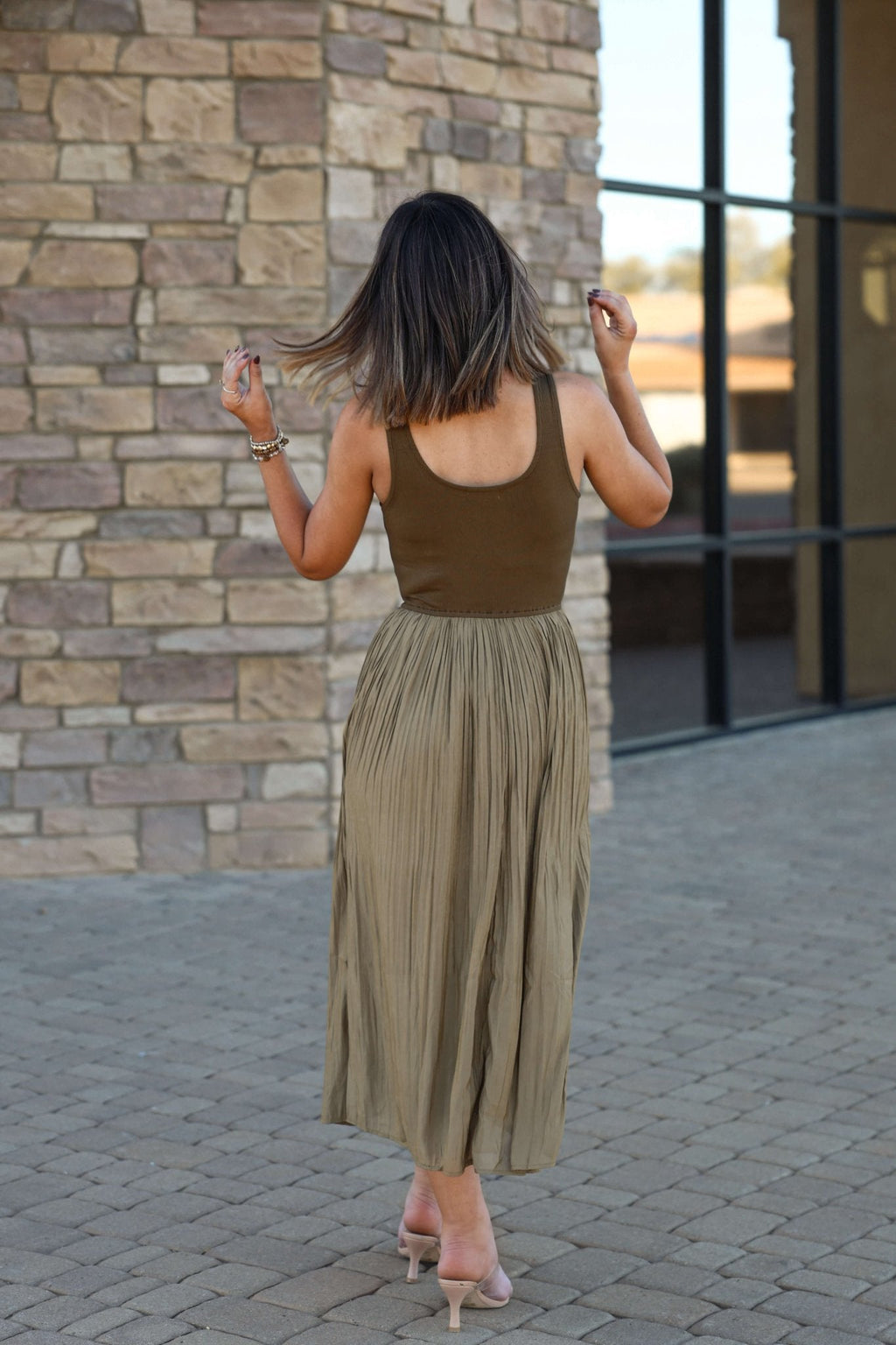 Olive Scoop Neck Pleated Tank Midi Dress - DOORBUSTER