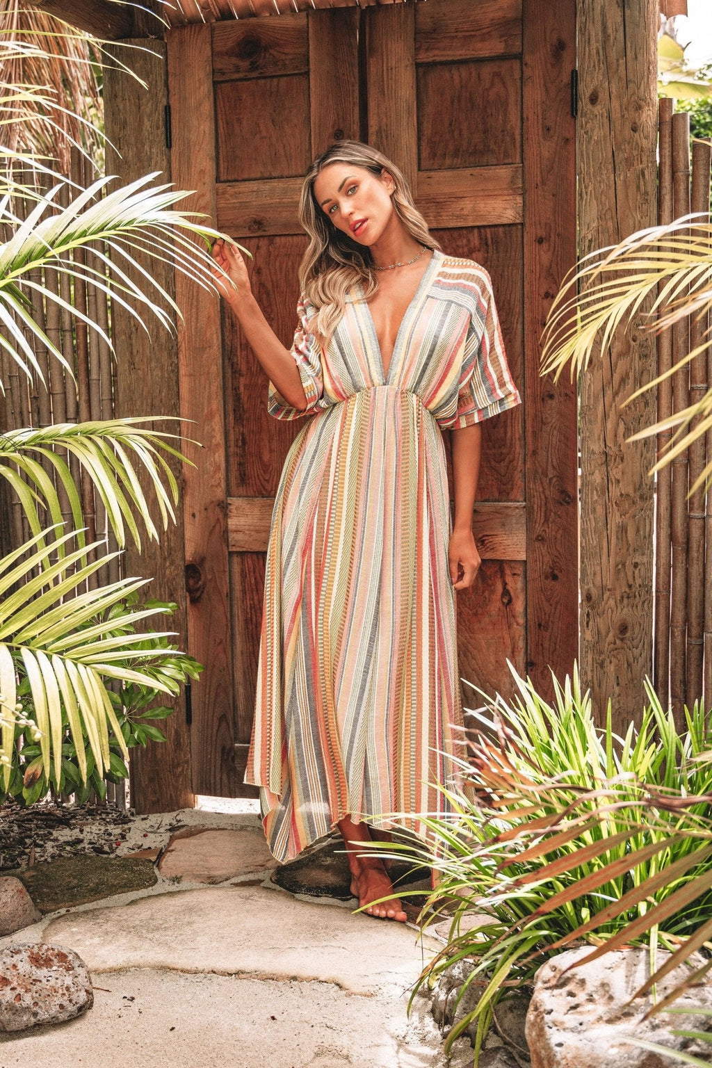Pink Multi Stripe Kimono Sleeve Midi Dress - FINAL SALE
