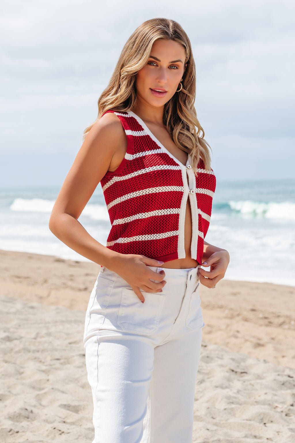Red Striped Contrast Button Front Vest - FINAL SALE