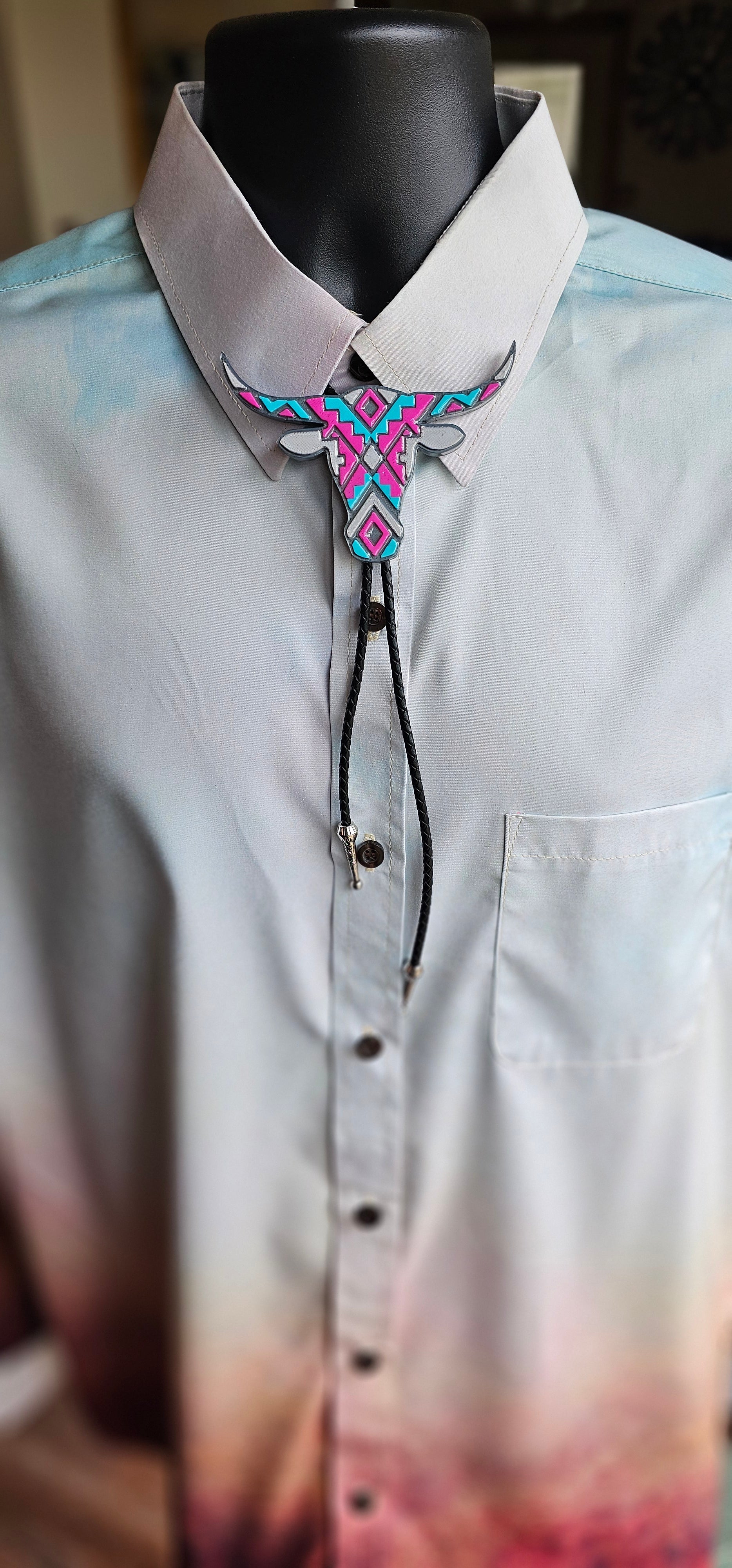 Turquoise Pink Aztec Longhorn 3D Inlay Bolo Tie Necklace Made in America