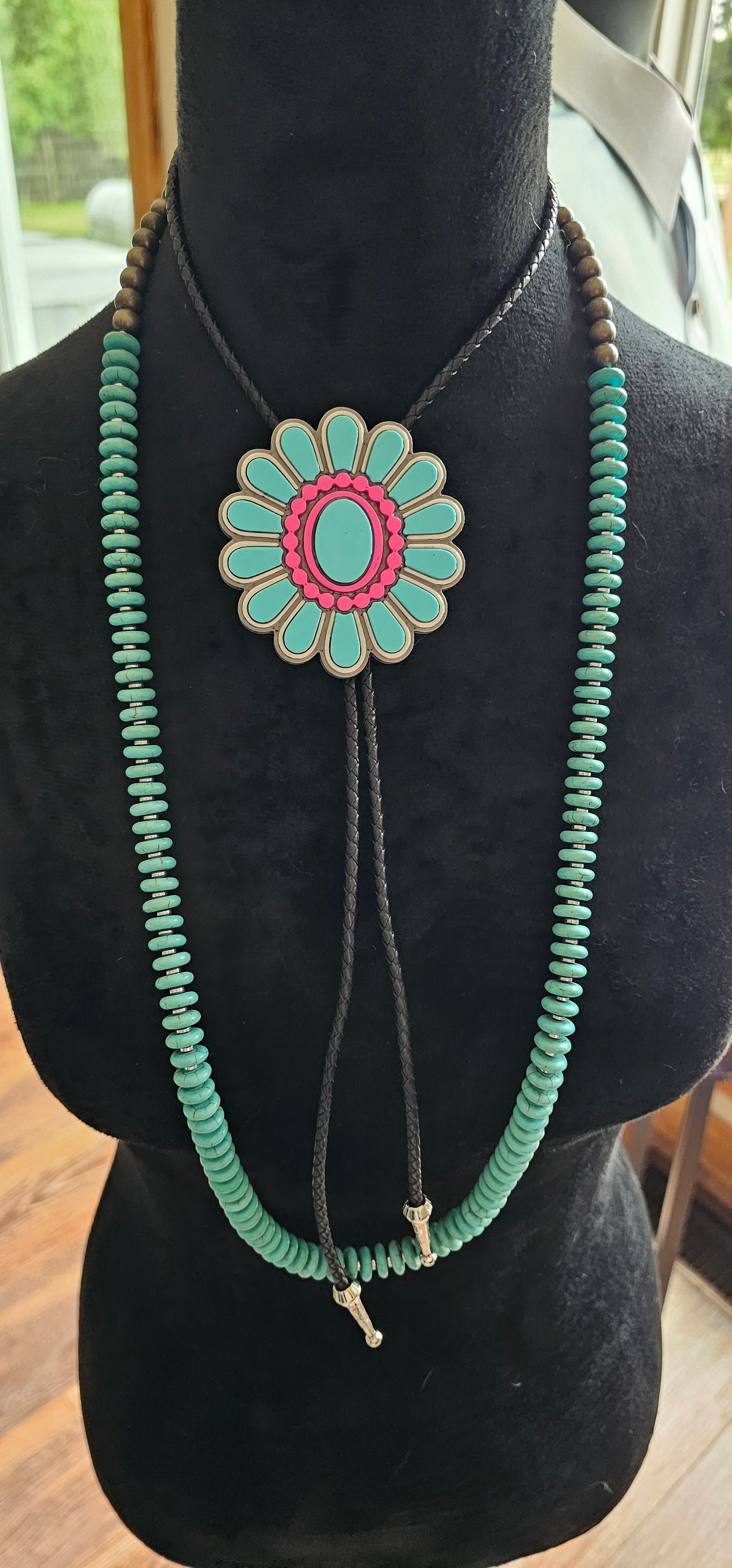 Baha Ranch Turquoise Hot Pink Concho 3D Inlay Bolo Made in America