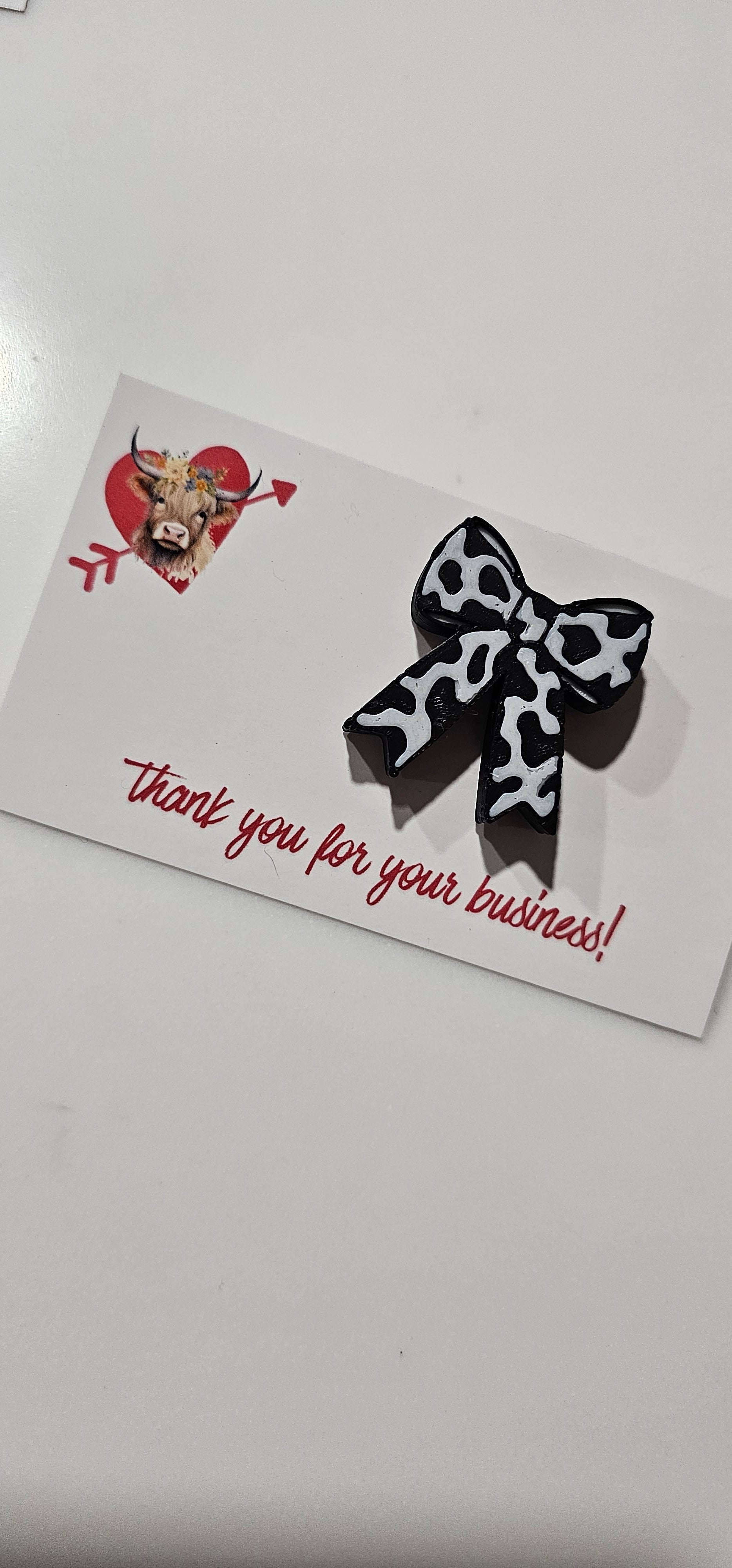 Bag of 25 -Boutique 3d Printed Package Inserts Cow Print Bows Pins or Earrings Made in America