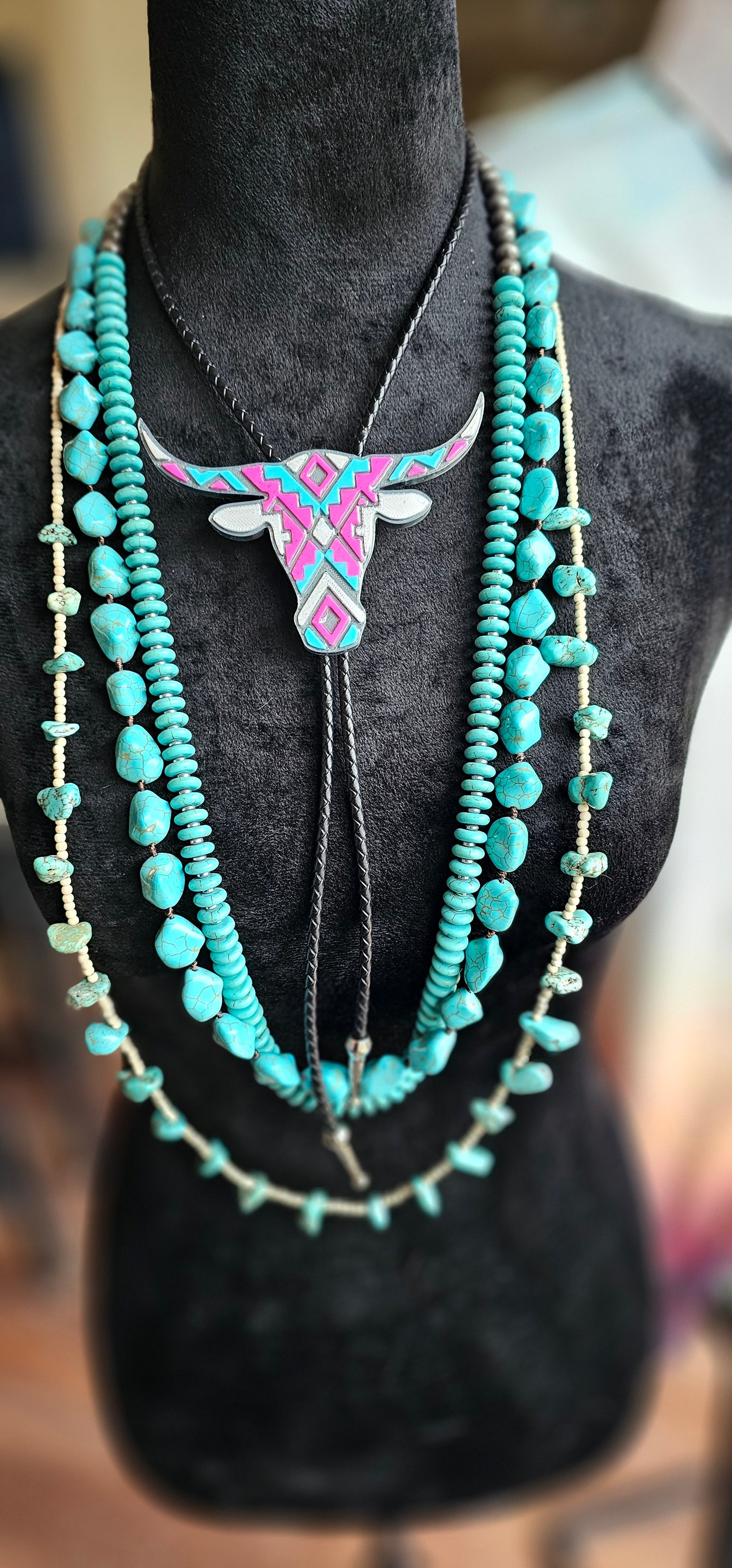 Turquoise Pink Aztec Longhorn 3D Inlay Bolo Tie Necklace Made in America