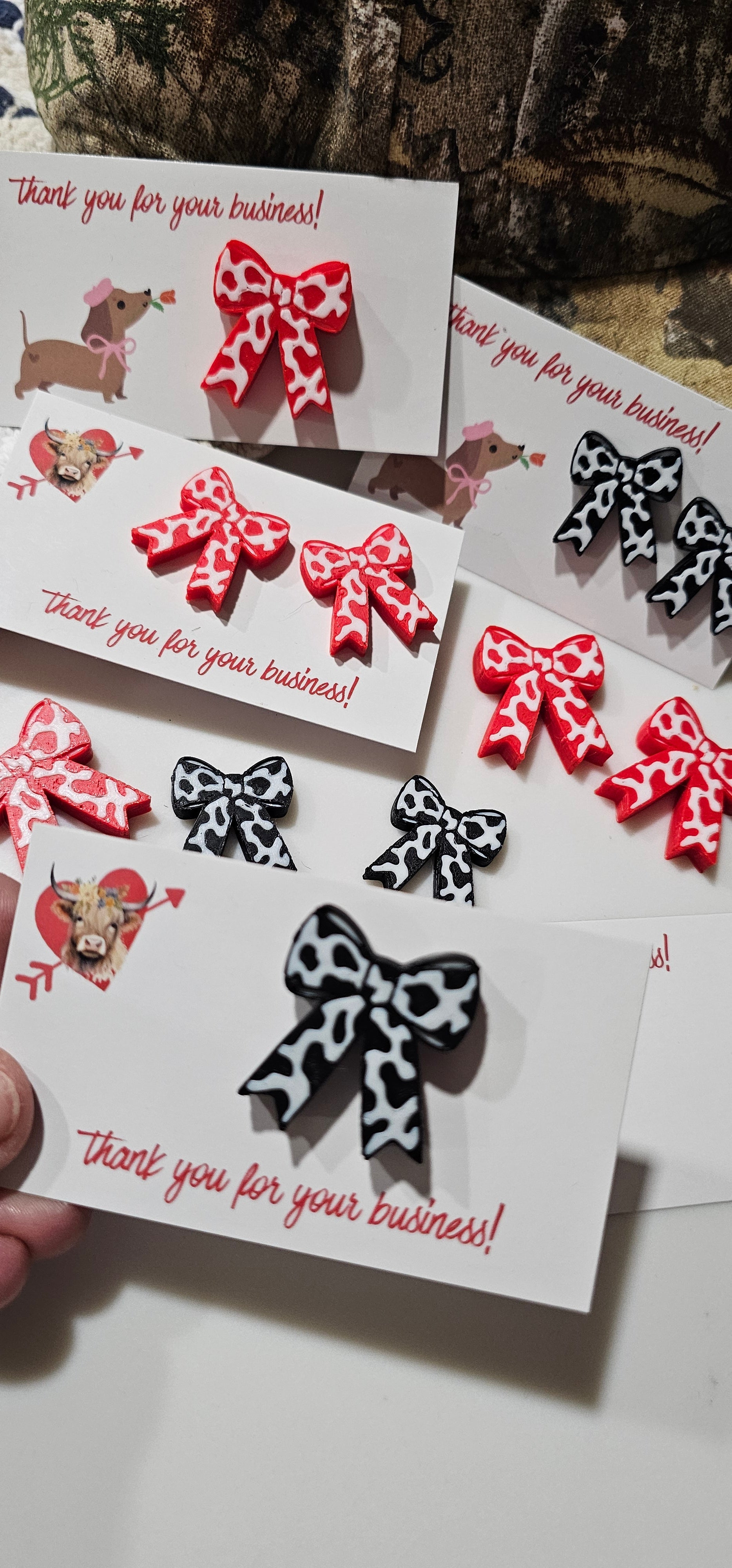 Bag of 25 -Boutique 3d Printed Package Inserts Cow Print Bows Pins or Earrings Made in America