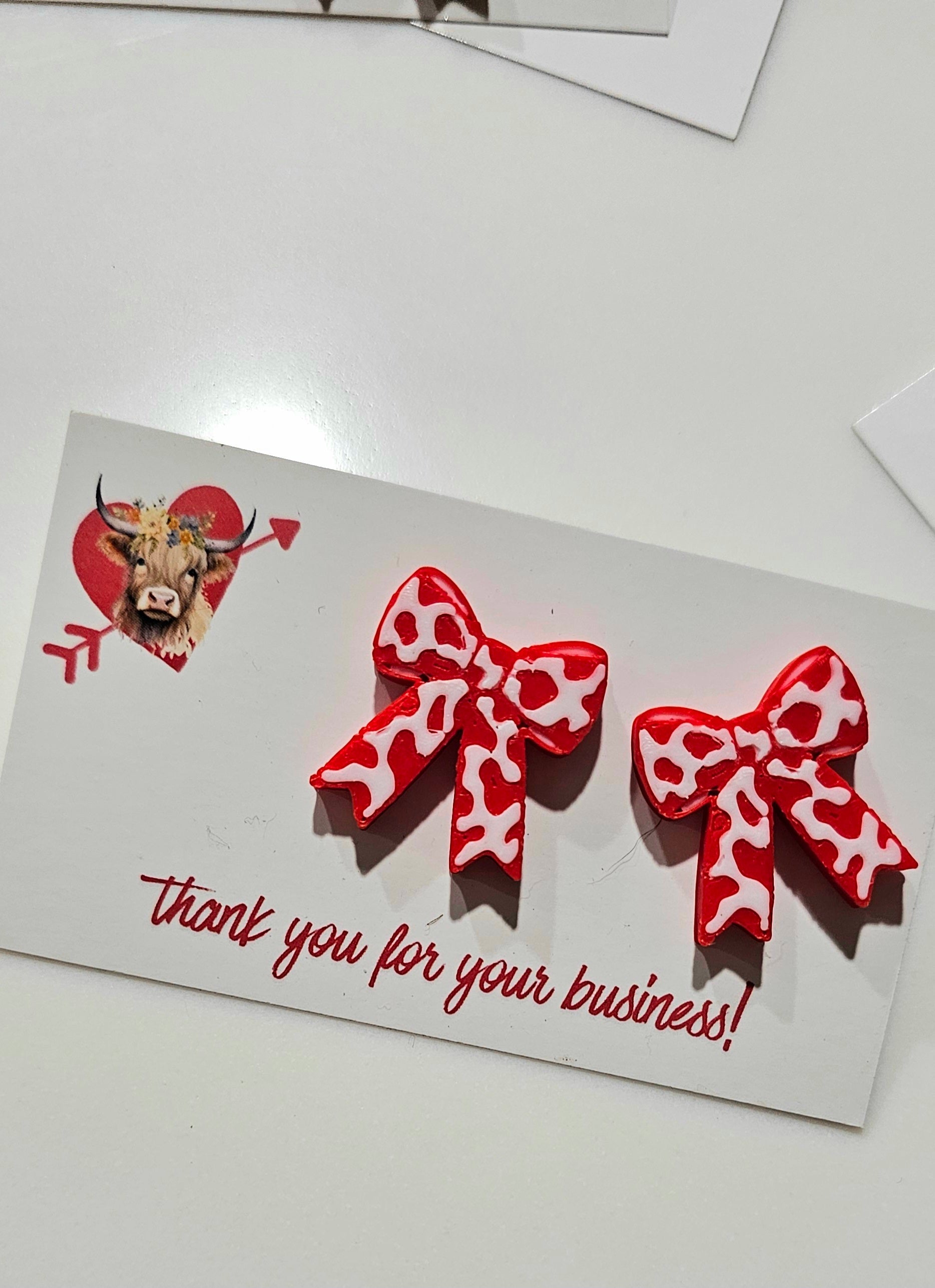 Bag of 25 -Boutique 3d Printed Package Inserts Cow Print Bows Pins or Earrings Made in America