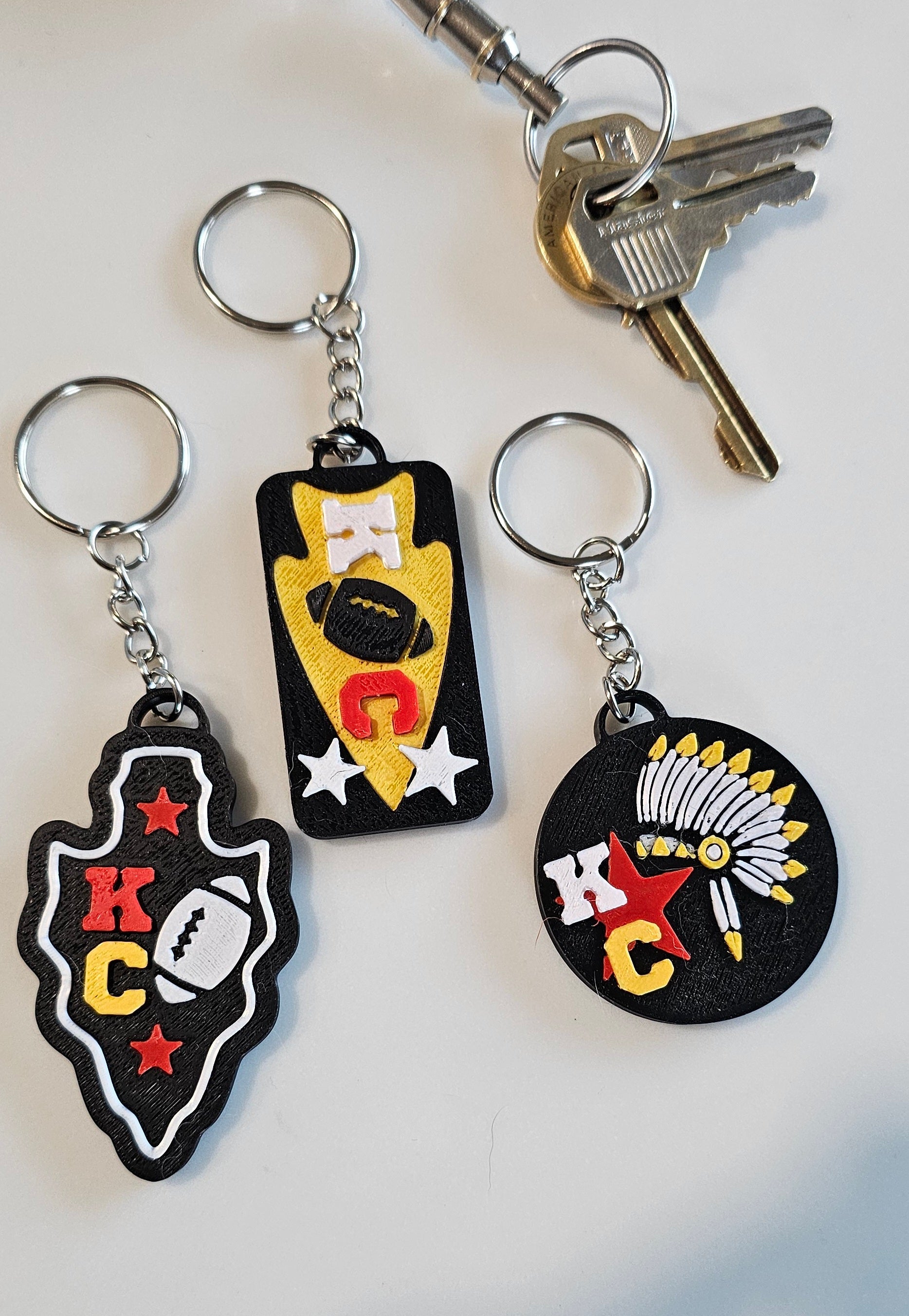 Set of 3 3D Print Chiefs Arrowhead Kc Kansas City Football Keychains Made in America