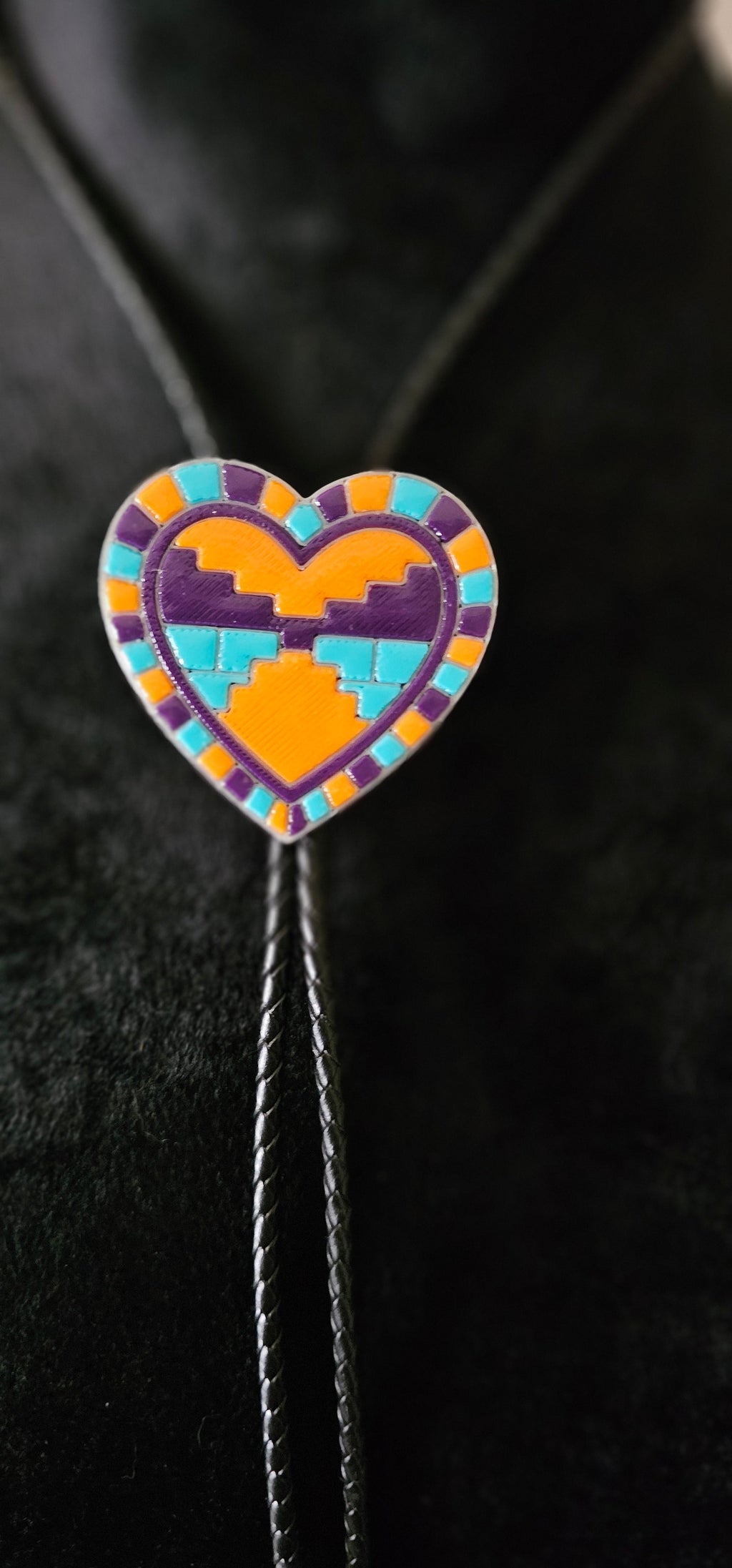 Orange Purple Aztec 3D Inlay Heart Bolo Tie Necklace Made in America