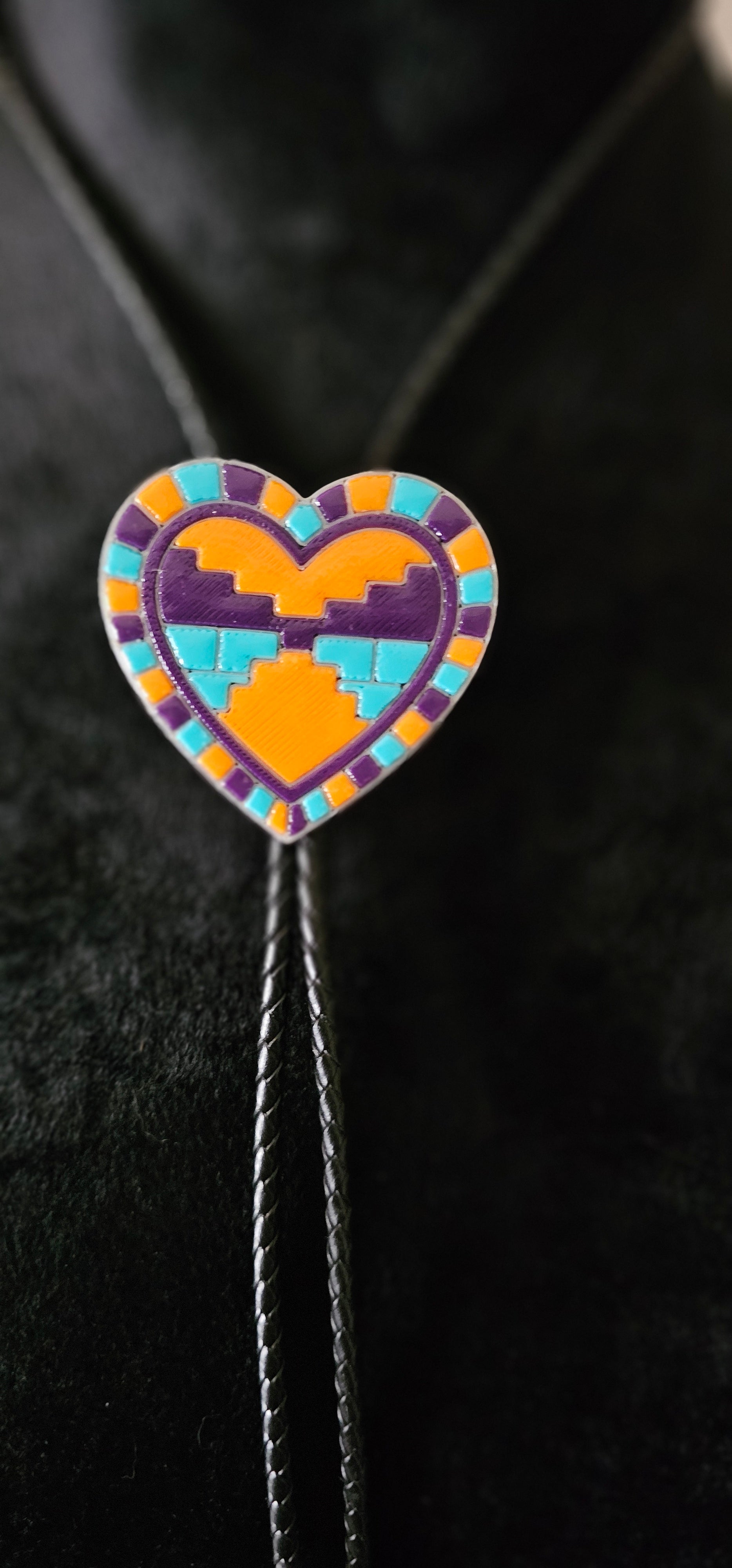 Orange Purple Aztec 3D Inlay Heart Bolo Tie Necklace Made in America