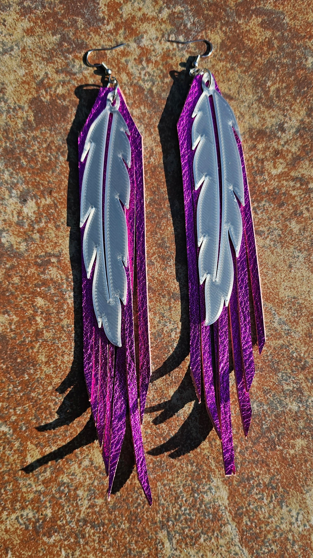 3D Printed Feather Leather Fringe Earrings Made in America