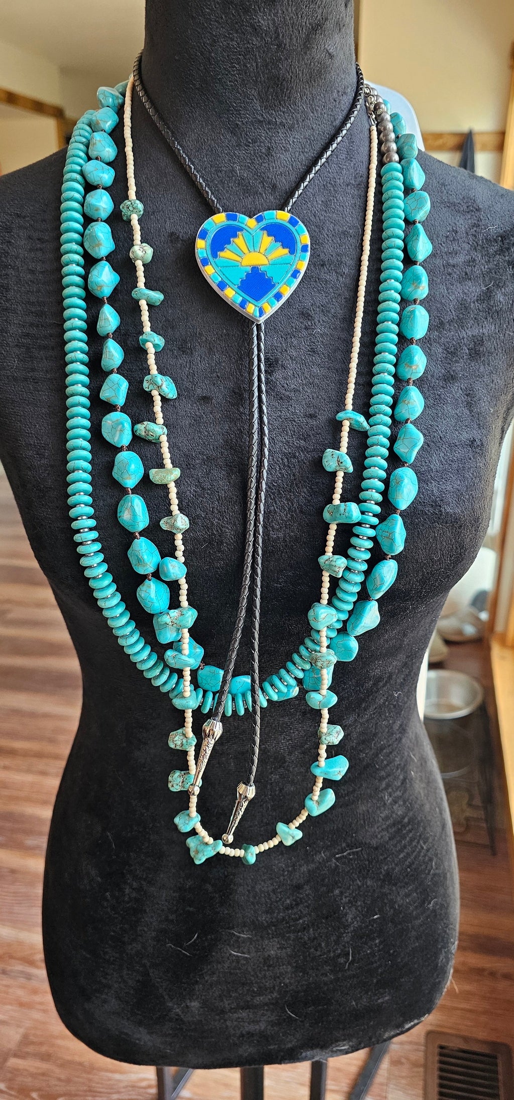 Turquoise Sunrise 3D Inlay Heart Bolo Tie Necklace