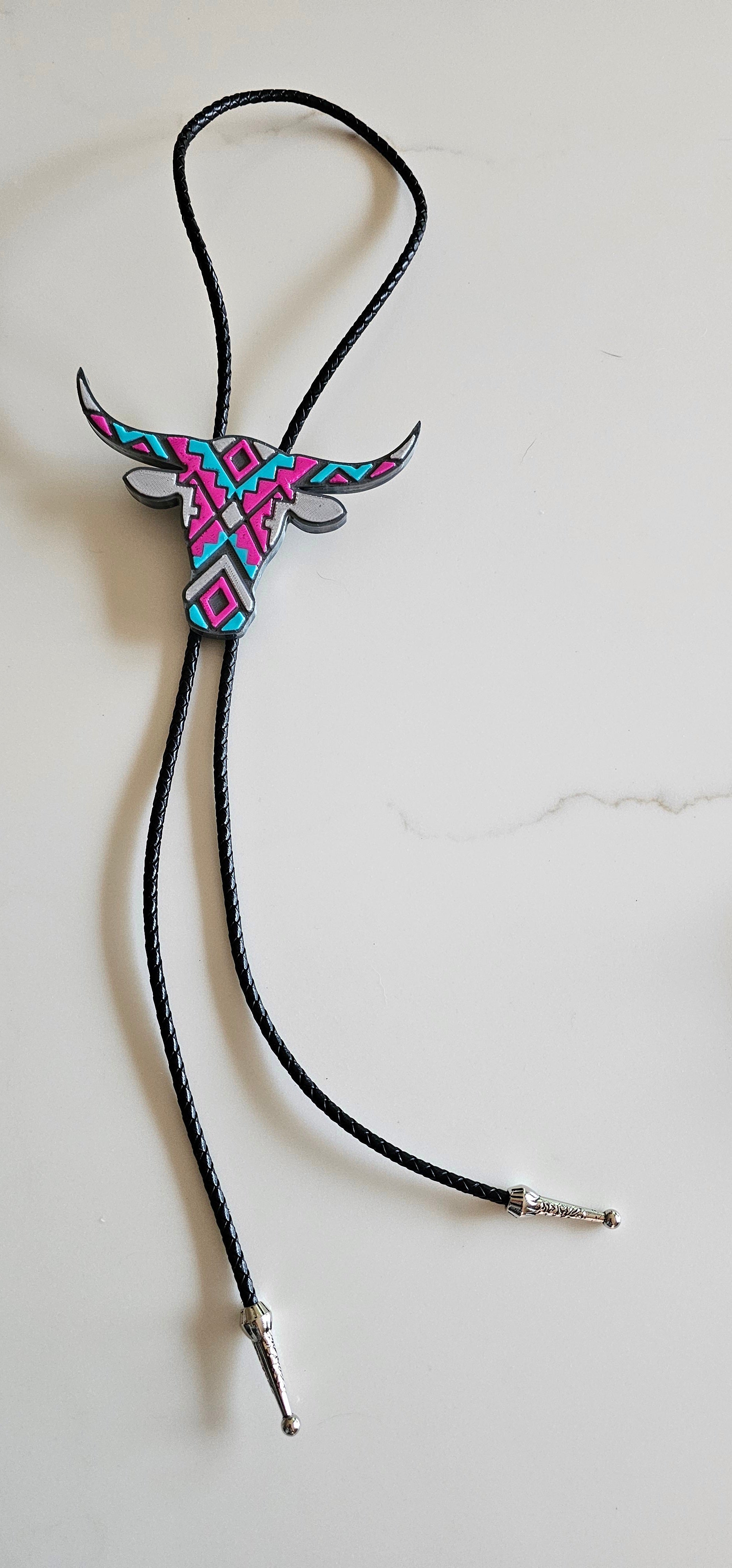 Turquoise Pink Aztec Longhorn 3D Inlay Bolo Tie Necklace Made in America