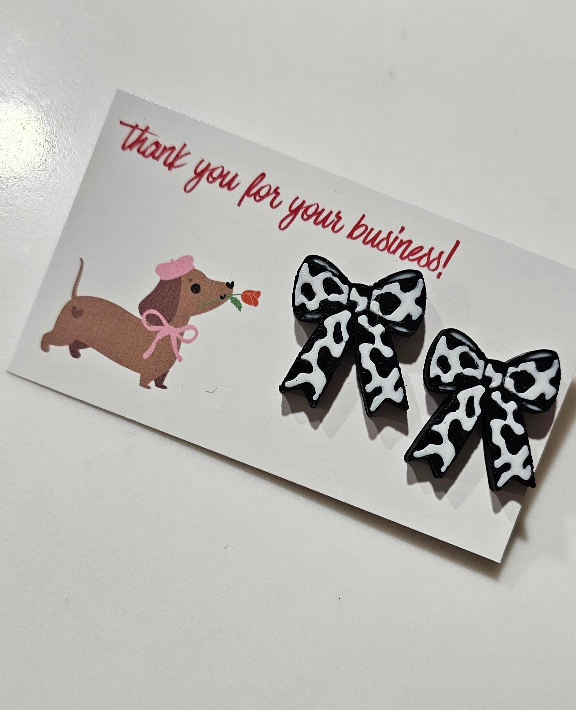 Bag of 25 -Boutique 3d Printed Package Inserts Cow Print Bows Pins or Earrings Made in America