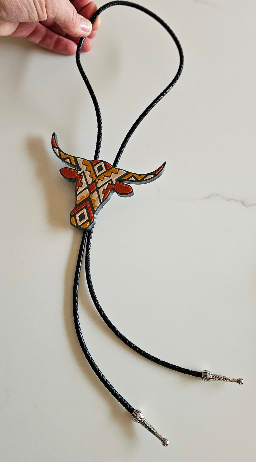 Brown Tan Aztec Longhorn 3D Inlay Bolo Tie Necklace Made in America