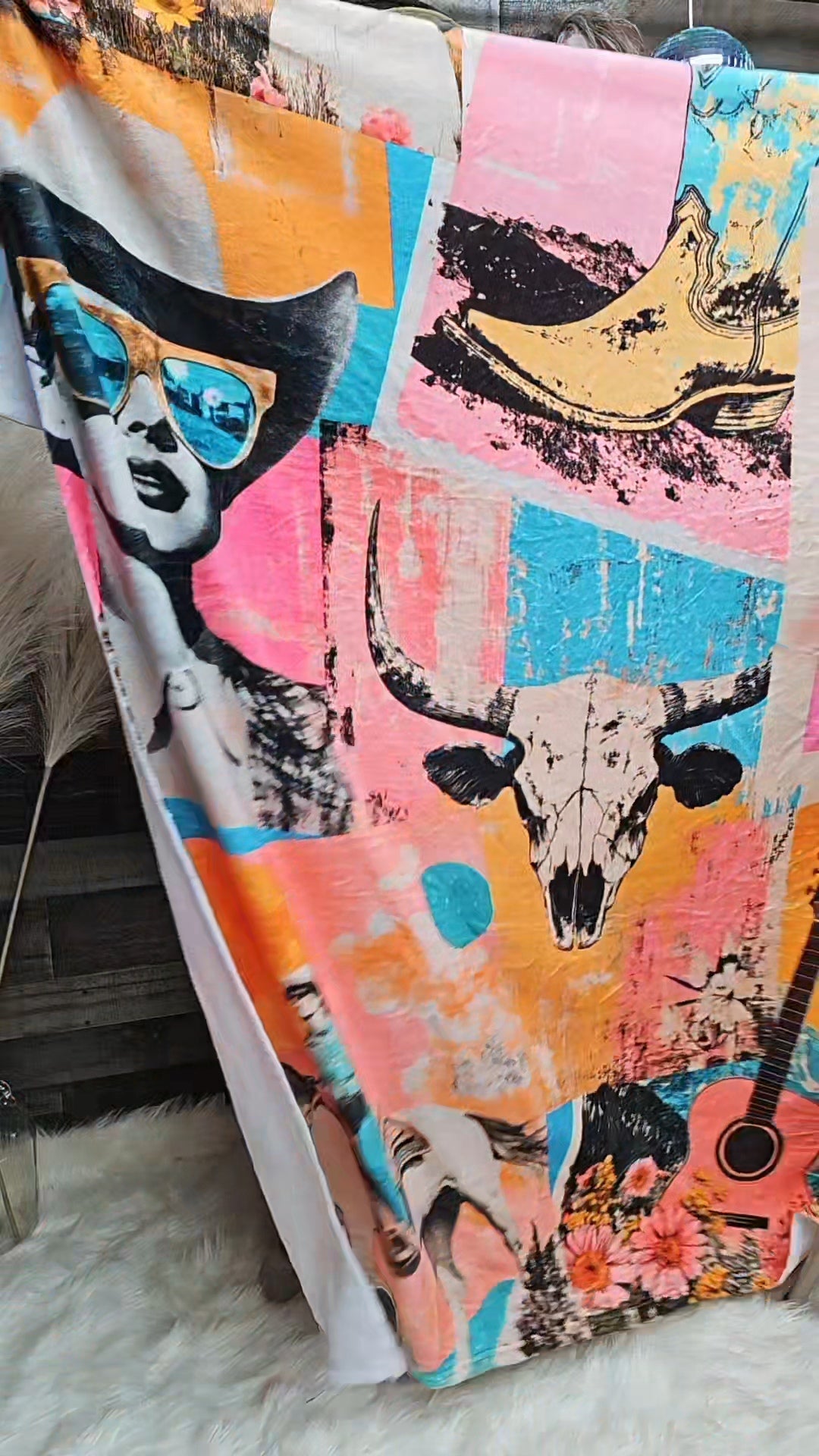 Pop Western Retro Cowgirl Collage Throw Blanket 60" x 80" Made in America