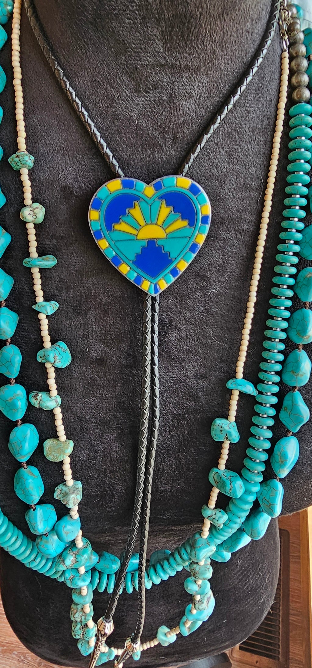 Turquoise Sunrise 3D Inlay Heart Bolo Tie Necklace