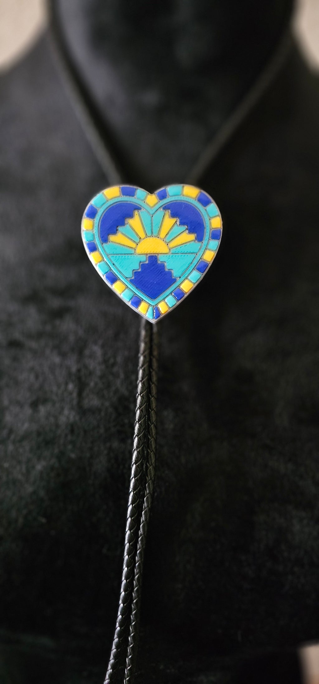 Turquoise Sunrise 3D Inlay Heart Bolo Tie Necklace
