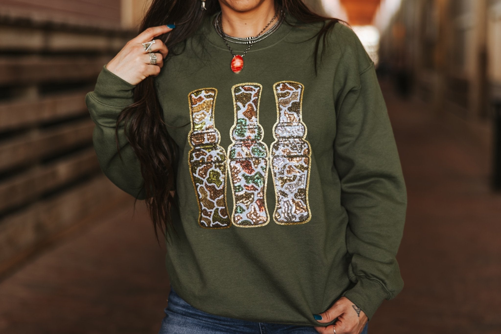 Sequin Hunting Duck Calls Patch Sweatshirt