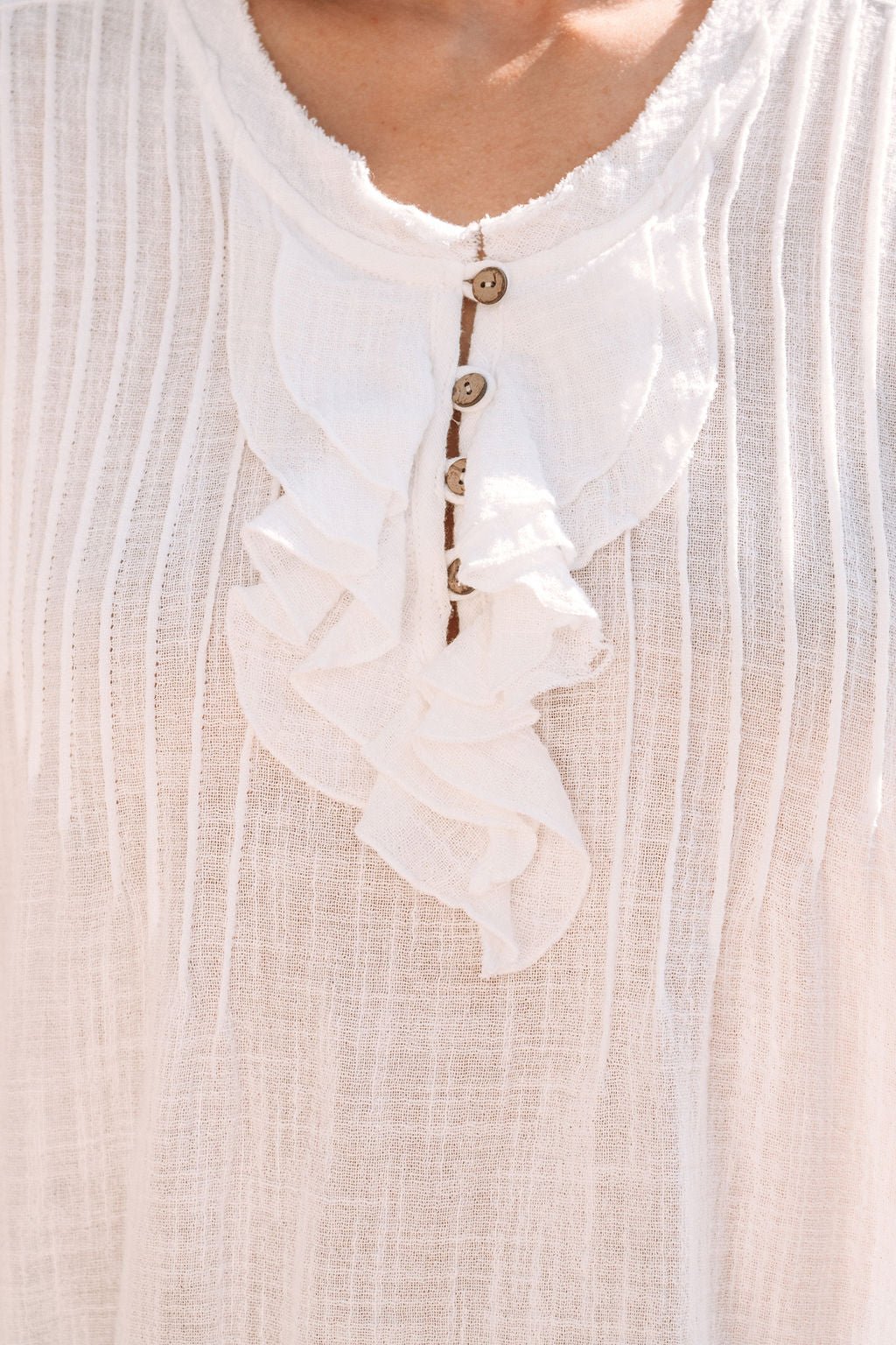 Short Sleeve Ruffle Linen Top - White - DOORBUSTER