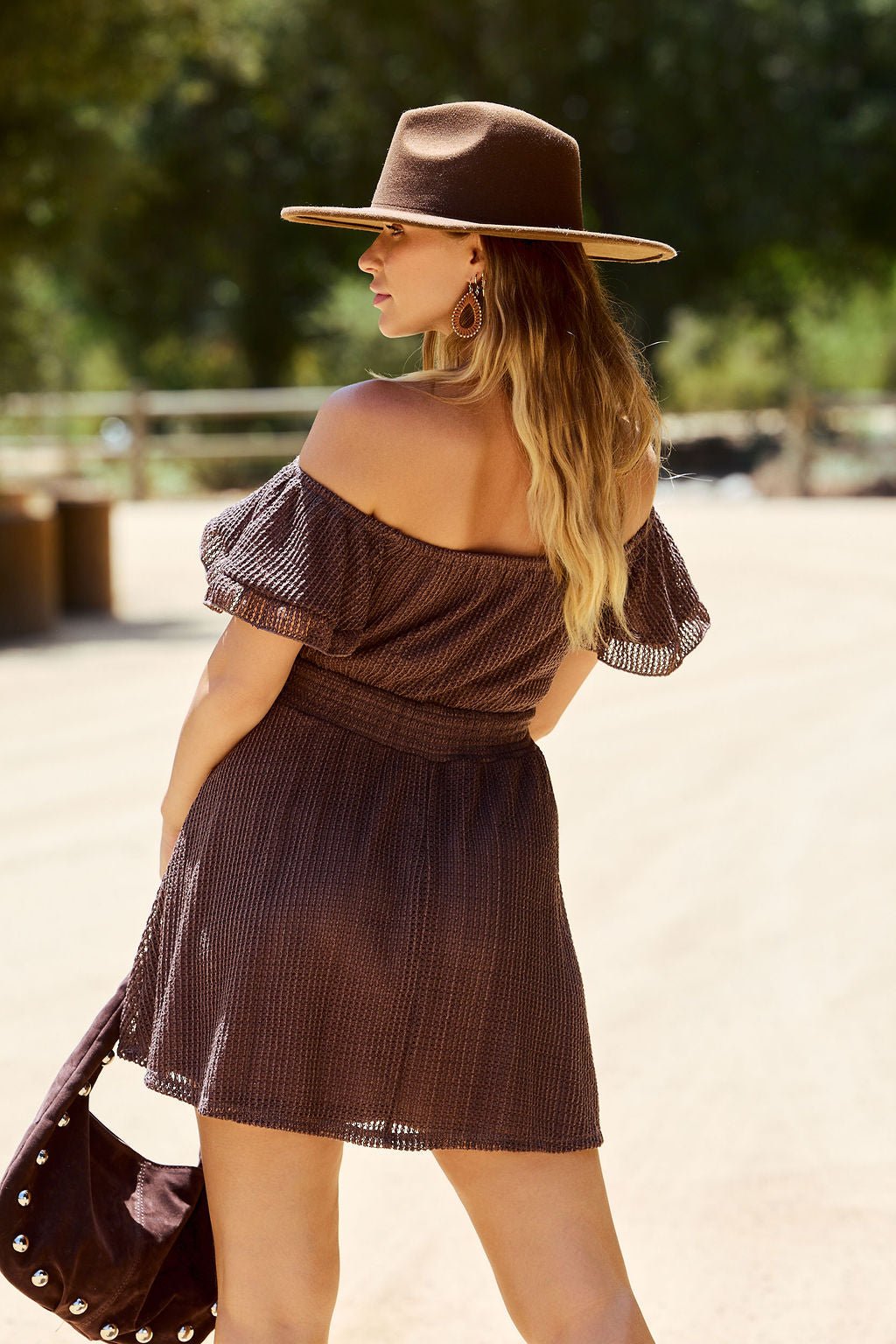 Sierra Valley Off The Shoulder Mini Dress - Brown - DOORBUSTER
