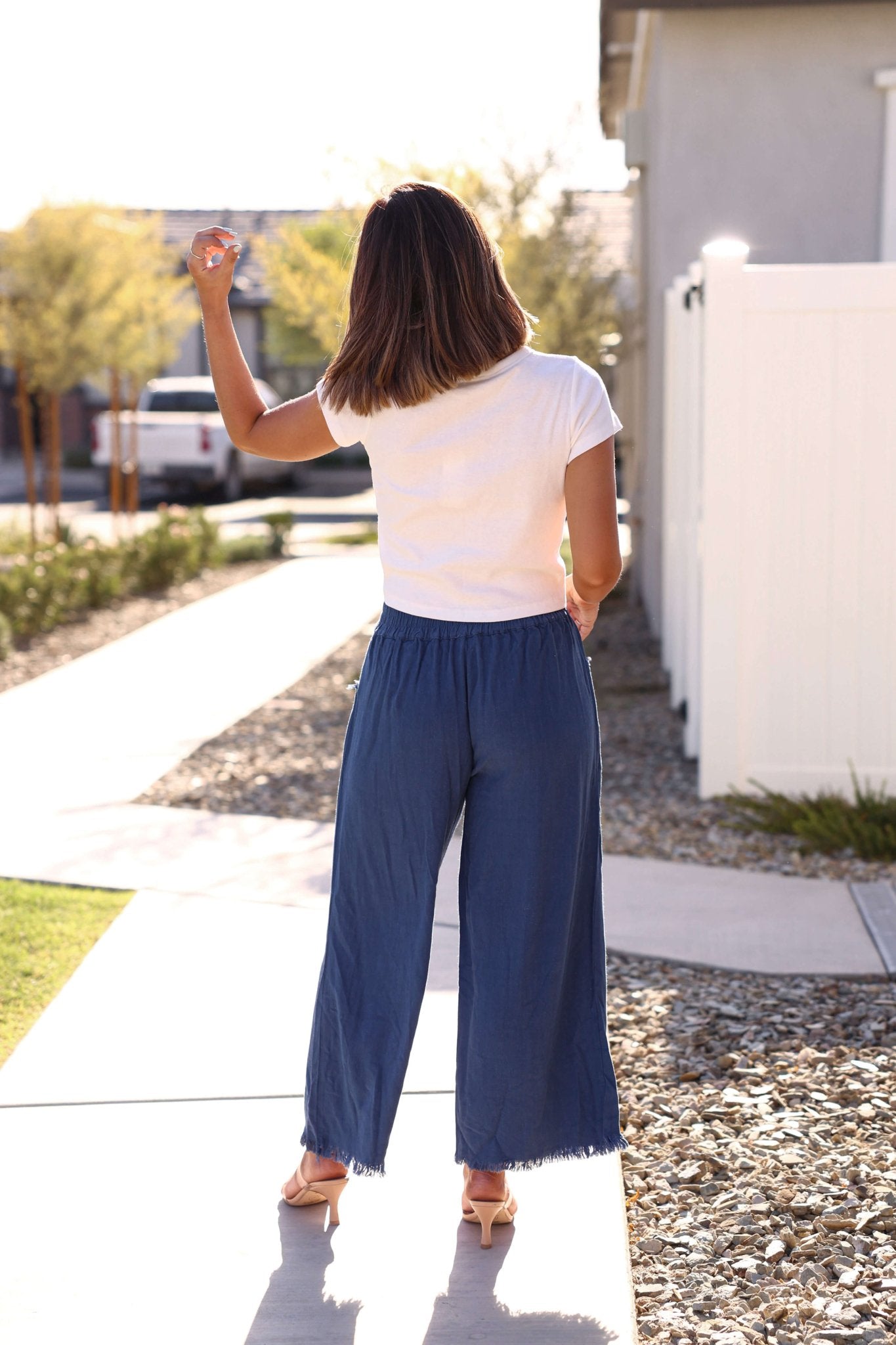 Slate Blue Frayed Linen Wide Leg Pants - FINAL SALE