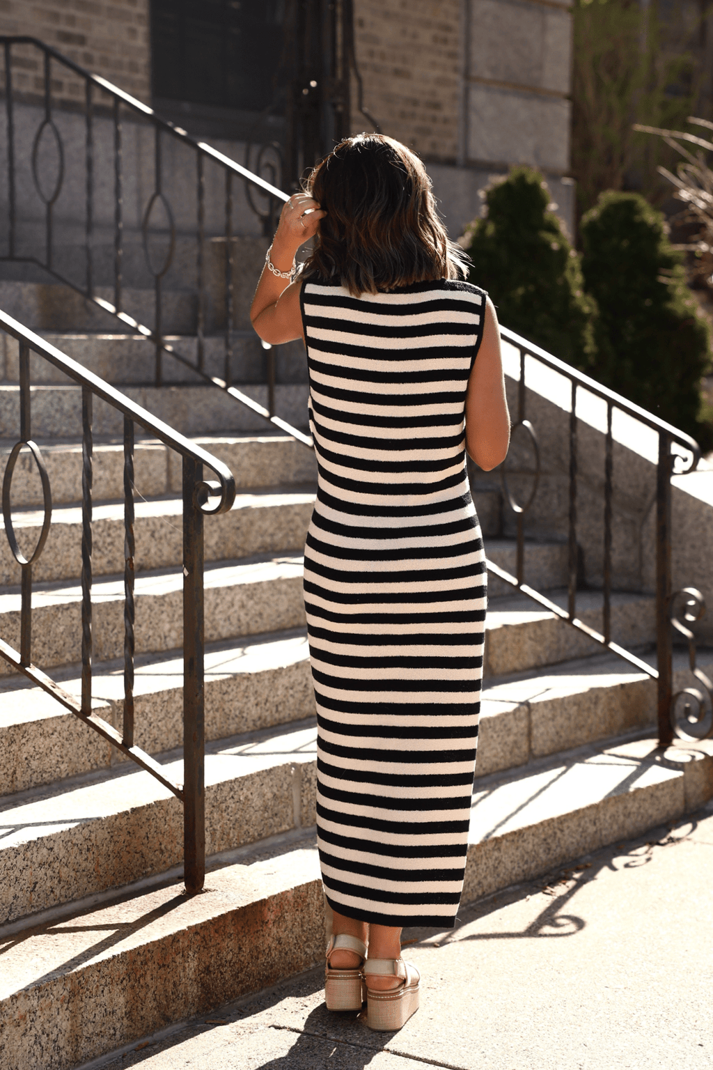 Sleeveless Black and Beige Striped Midi Dress - FINAL SALE