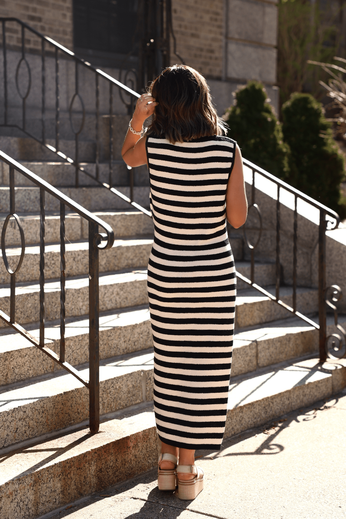 Sleeveless Black and Beige Striped Midi Dress - FINAL SALE