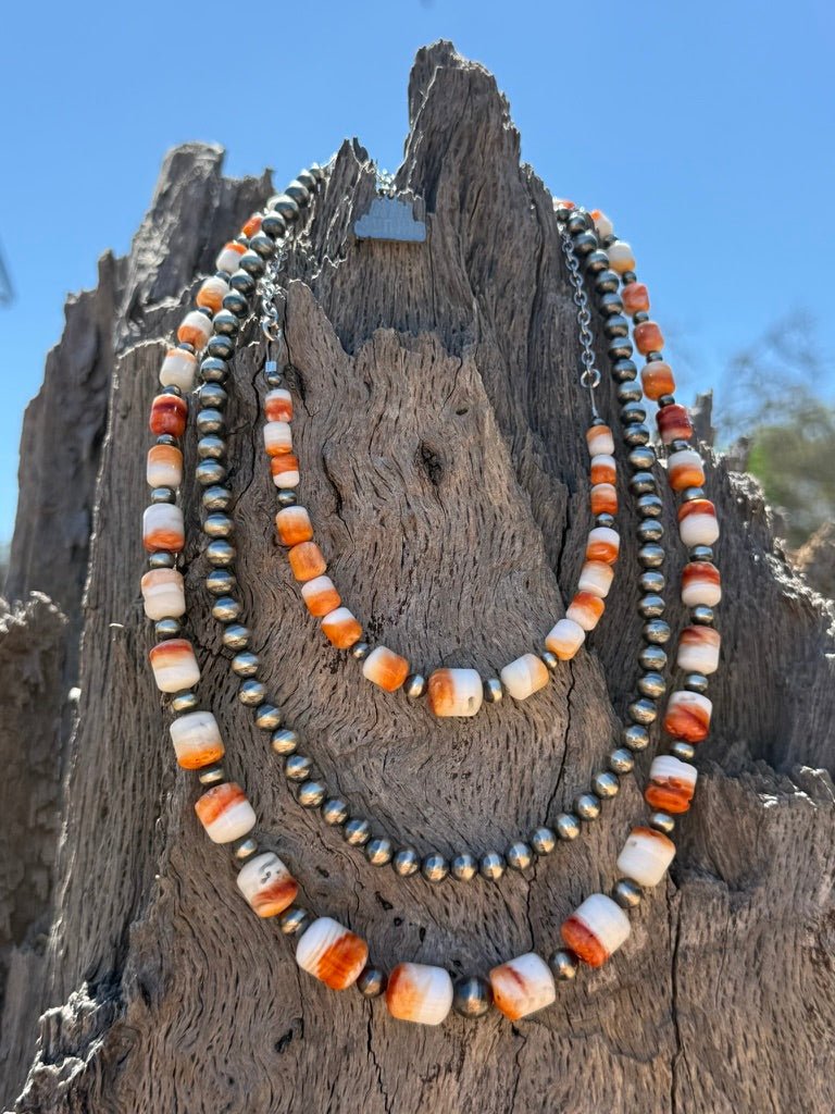 Sterling Silver Graduated Spiny Oyster Barrel Beaded Necklace