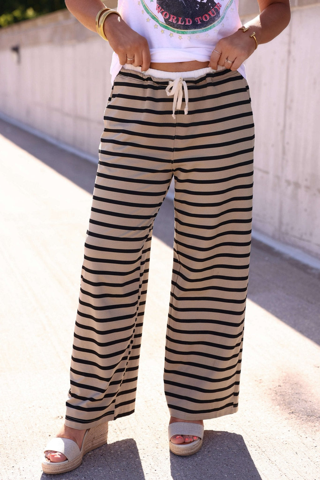 Taupe and Black Striped Drawstring Pants - FINAL SALE