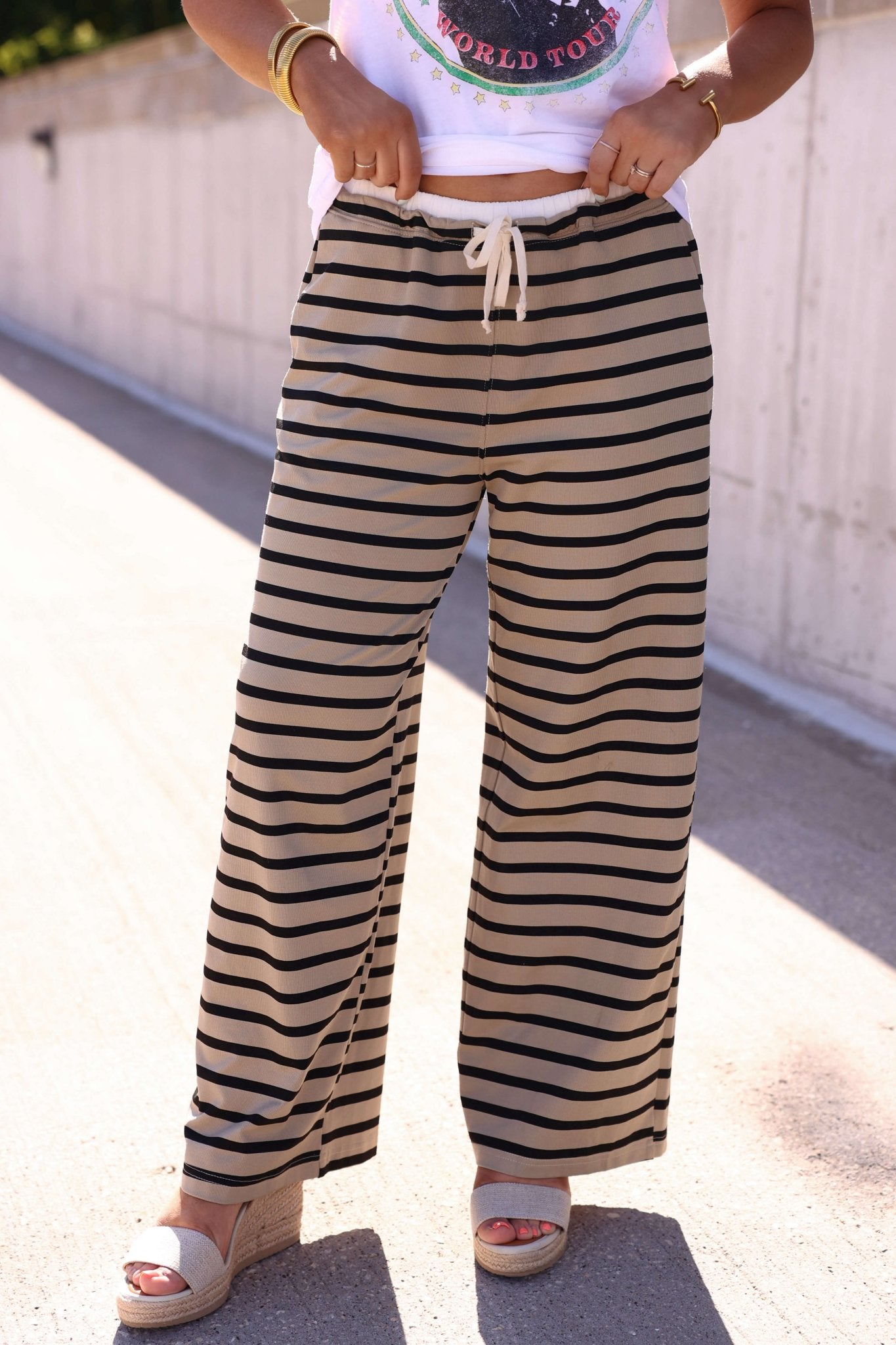 Taupe and Black Striped Drawstring Pants - FINAL SALE