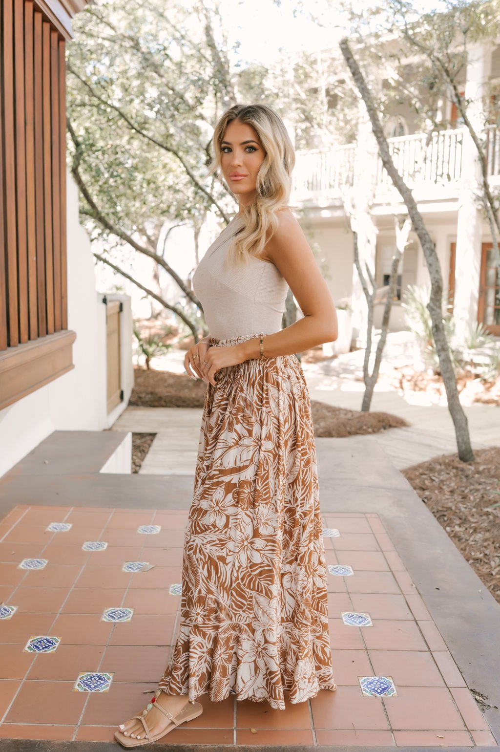 Taupe Floral Print Smocked Maxi Skirt - FINAL SALE