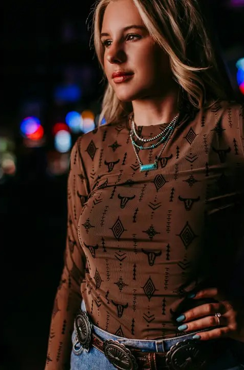 Longhorn Aztec Mesh Top - Brown