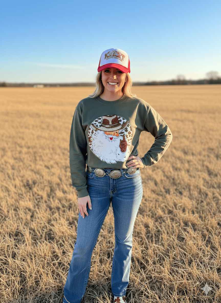 Western Santa Sequin Patch Sweatshirt