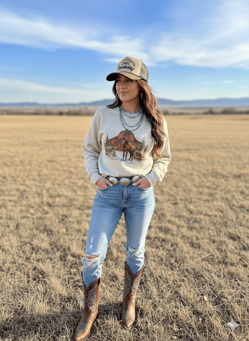 Western Winter Barn Christmas Sweatshirt
