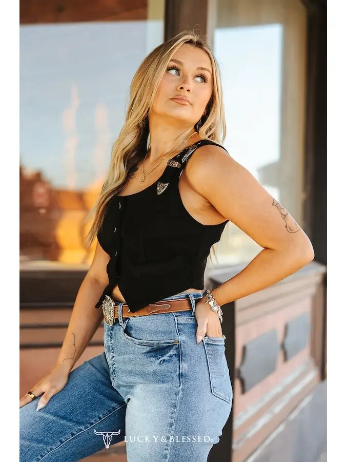 The Nina Black Suede Buckle Strap Button Down Vest